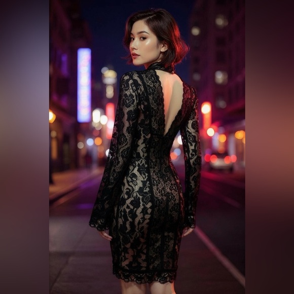 bebe Black Lace Nude Lined Choker Plunge V Long Sleeve Mini Dress Small - Picture 2 of 10